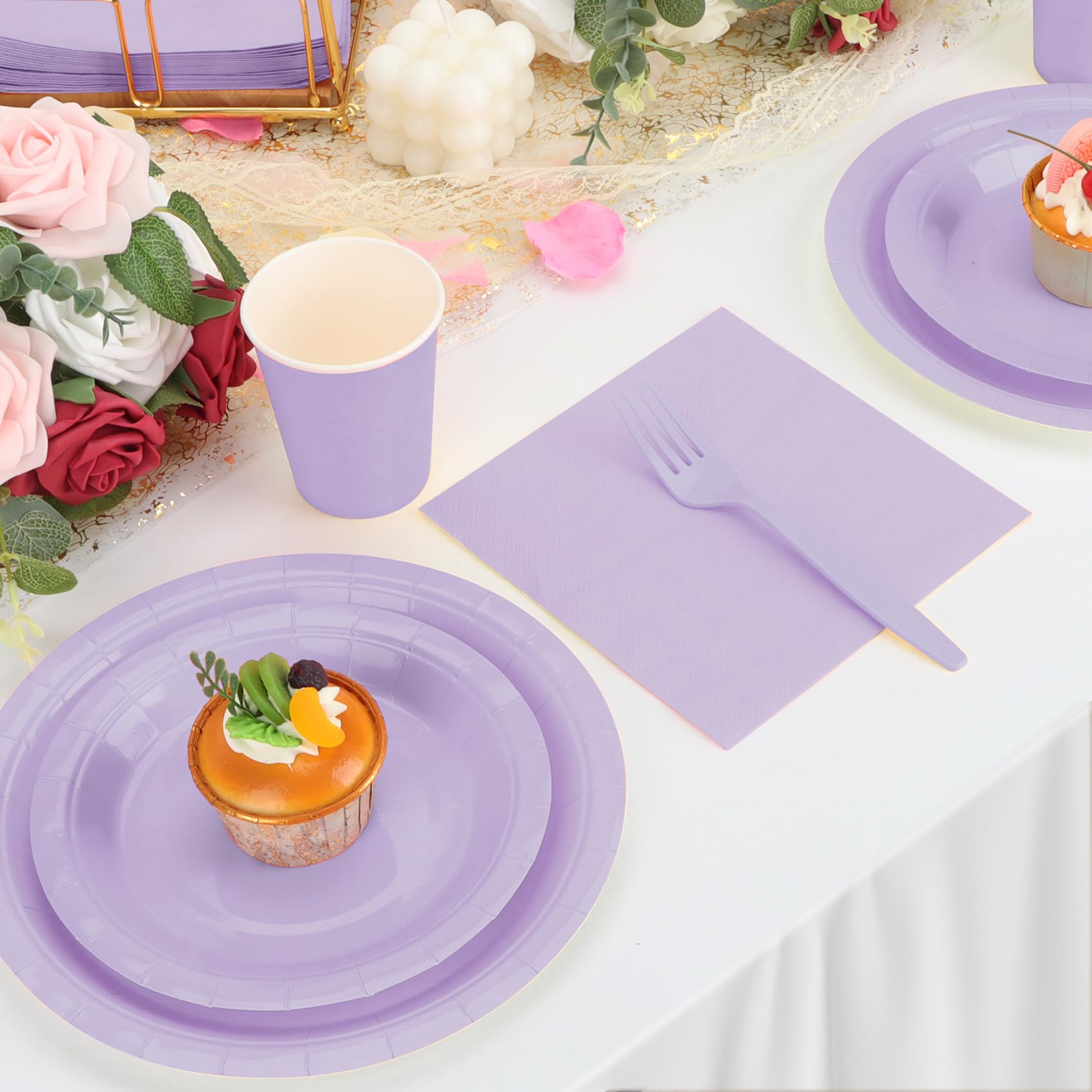 Lavender Plates and Napkins Party Supplies, Include 9’’ Disposable Paper Plate, 7’’ Dessert Plates and Cups and Napkins Forks Set for Birthday