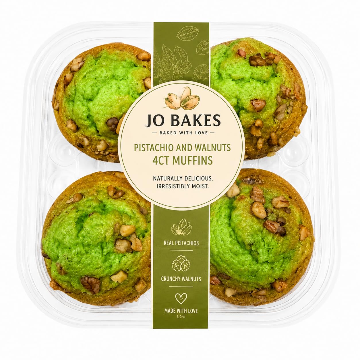 Pistachio Walnut Muffins, Soft Moist Bakery Breakfast Snack, 4 Count, 14 oz - JO BAKES