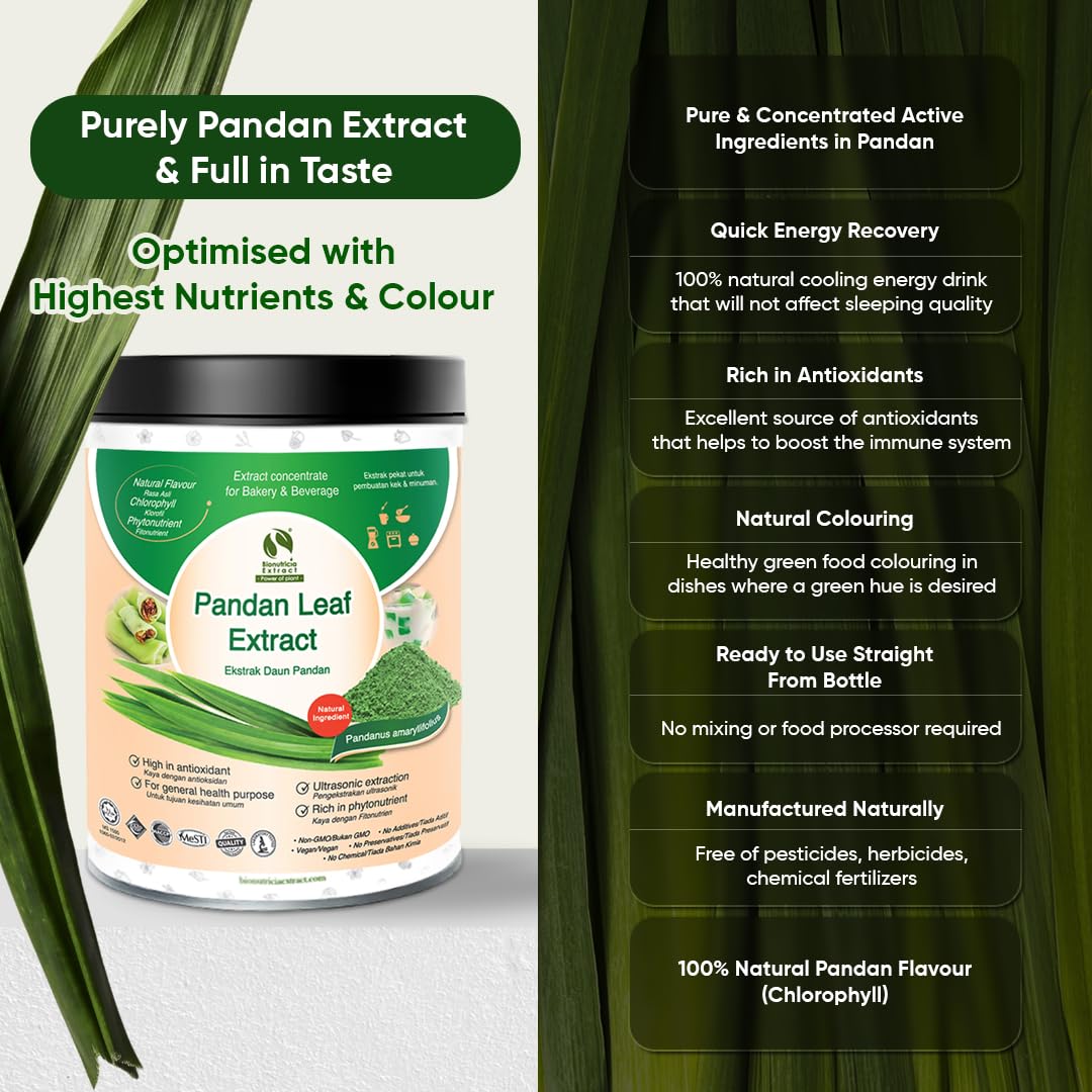 Bionutricia Pandan Extract Powder 7oz, Natural Extract for Baking, Desserts & Drinks, 7:1 Concentrate No Sugar & Artificial Flavor or Color, Vegan