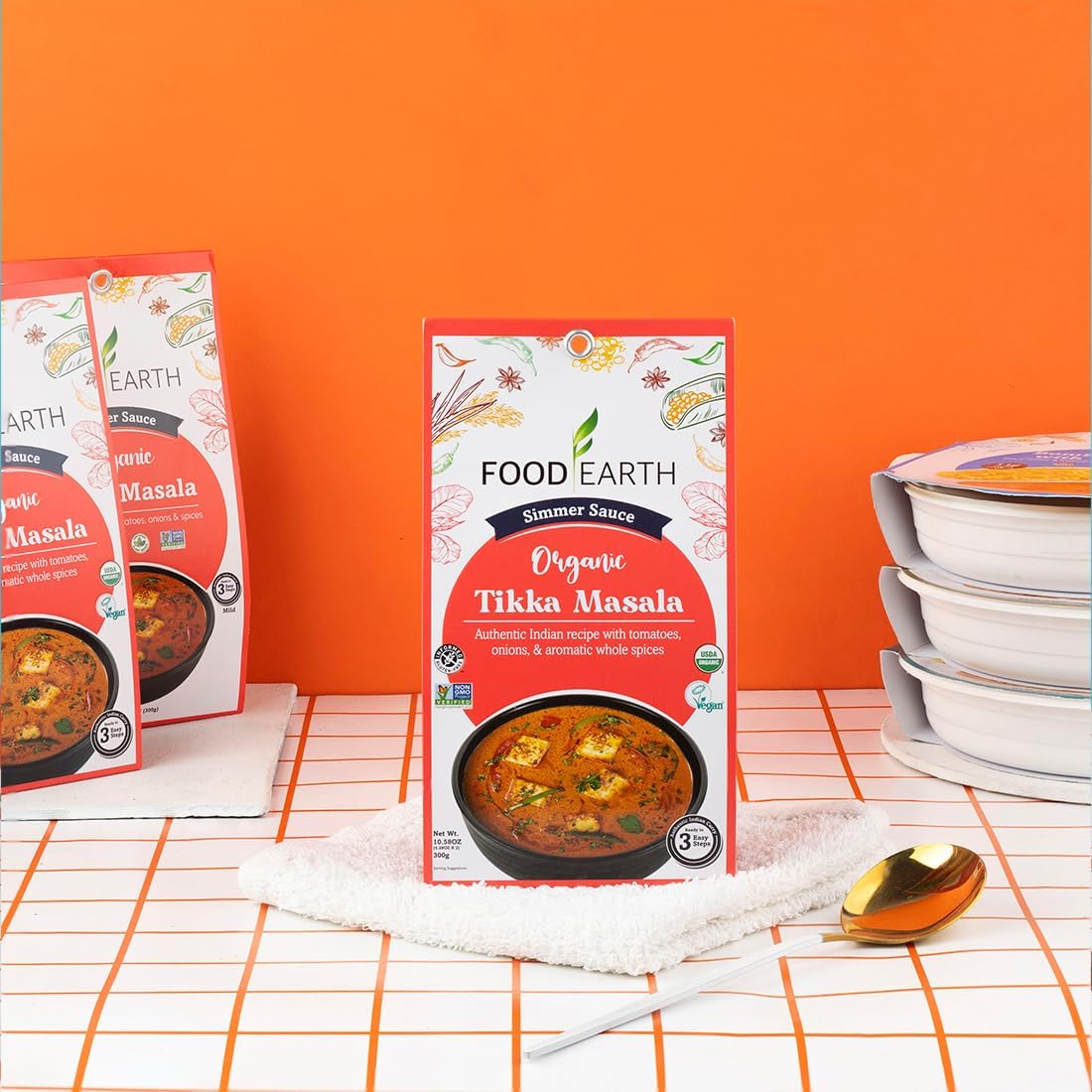 Food Earth Indian Simmer Sauce - Tikka Masala - Organic, Vegan, Gluten-Free, GMO-Free - Microwavable Cooking Sauce - 12 Pouches (5.29 oz Each)