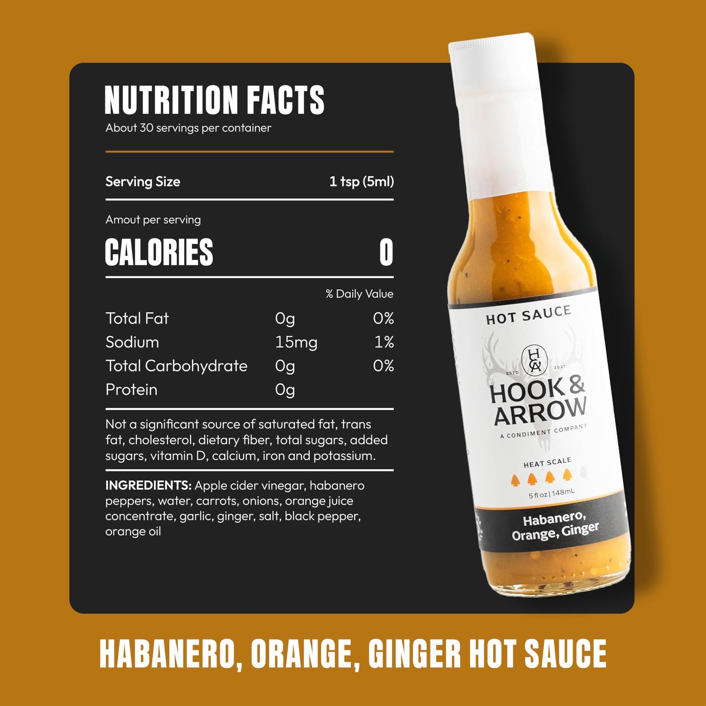 Hook & Arrow Habanero Orange Ginger Hot Sauce - Award Winning Spicy Habanero Pepper Sauce - Low Sodium, Gluten-Free, Vegan, Paleo, Low Sugar (5 fl oz