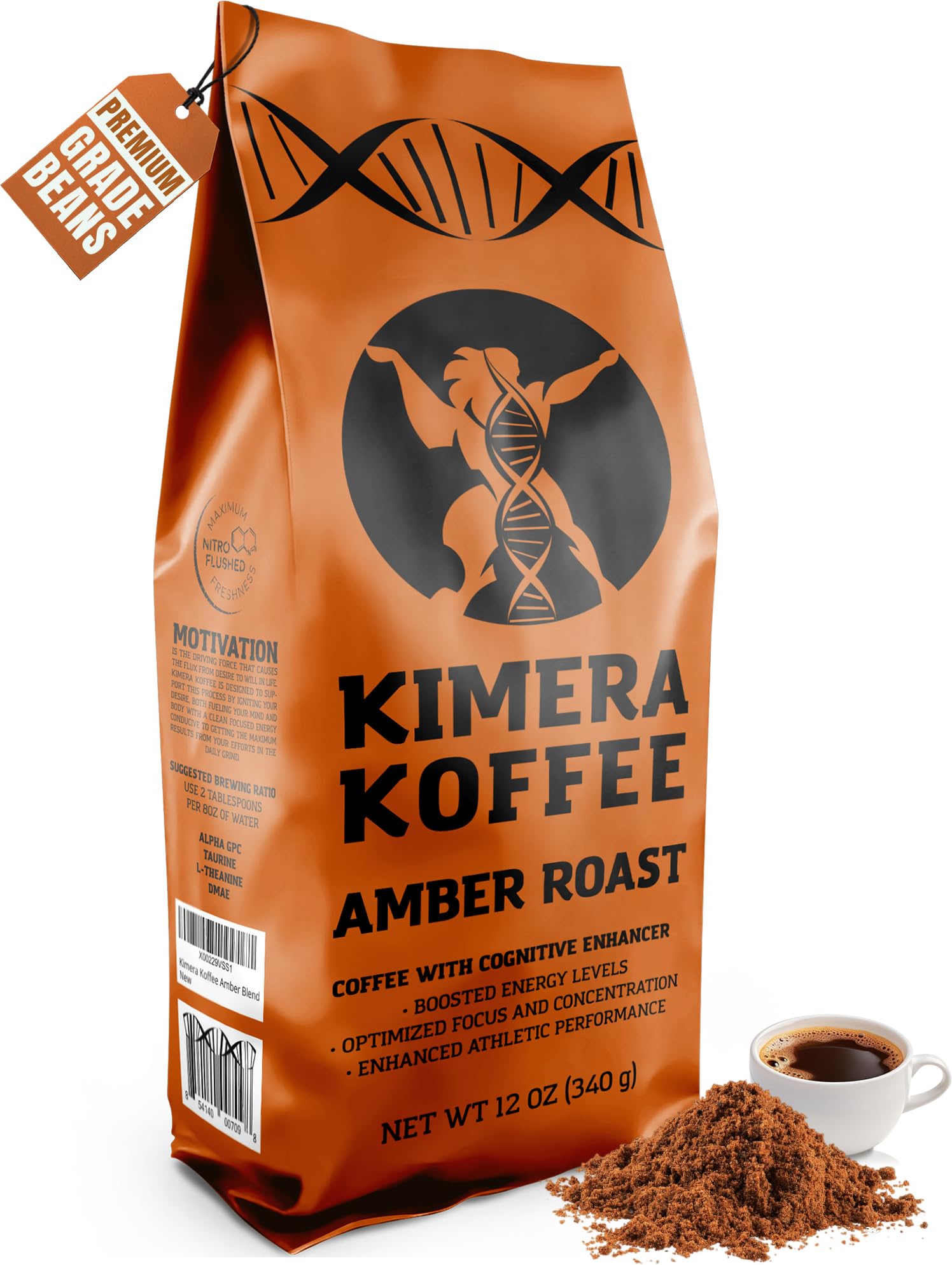 Kimera Koffee Amber Blend - Organic Honey-Processed Light Roast Nootropic Coffee with Alpha-GPC, Taurine, DMAE, L-Theanine, 12oz Ground