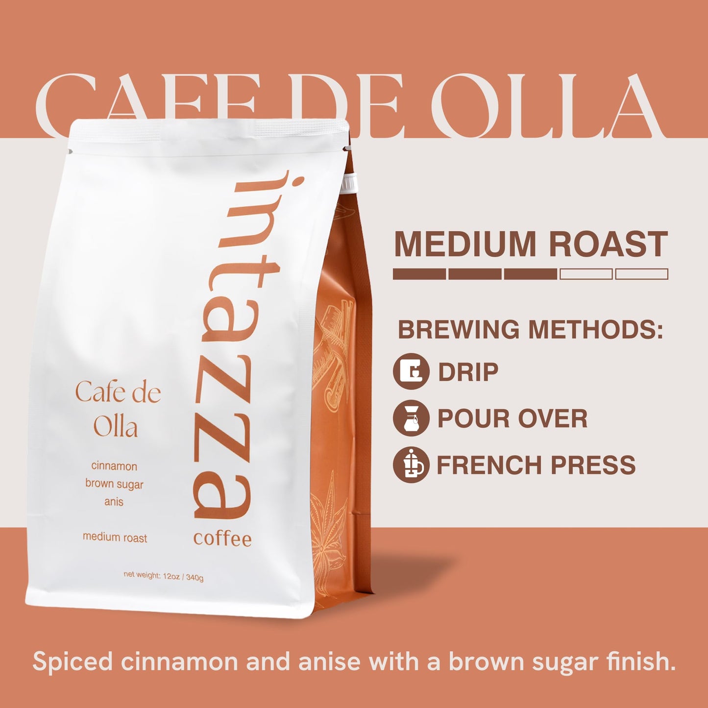 Intazza Ground Coffee, Cafe De Olla Medium Roast Coffee Ground, 100 Percent Arabica, Cozy Spiced Flavor Profile That Complements The Roast, For Coffee