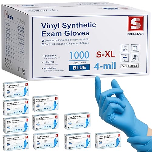 Schneider Blue Vinyl Synthetic Exam Gloves, Large, Case of 1000, 4-mil, Powder-Free, Latex-Free, Non-Sterile, Disposable Gloves