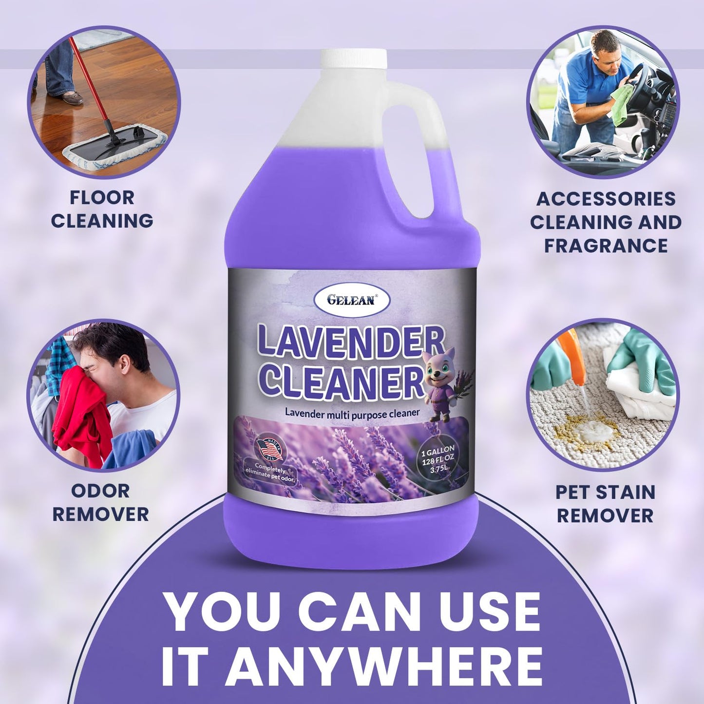 GELEAN LAVENDER Multi Purpose Cleaner & Deodorant - MADE IN USA - Concentrate Lavender cleaner - Strong Odor Floor Cleaner - Floor Cleaner Odor