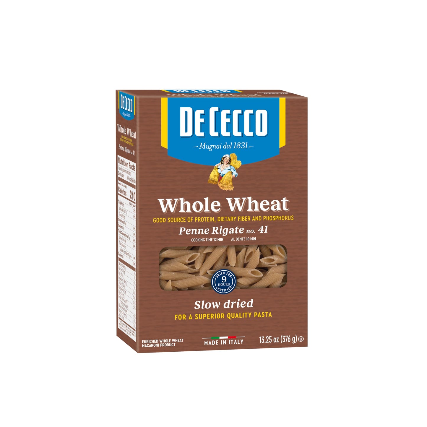 De Cecco Pasta, Whole Wheat Penne Rigate No.41, 13.25 OZ (Pack of 12) - Made in Italy, High in Protein & Iron, Bronze die
