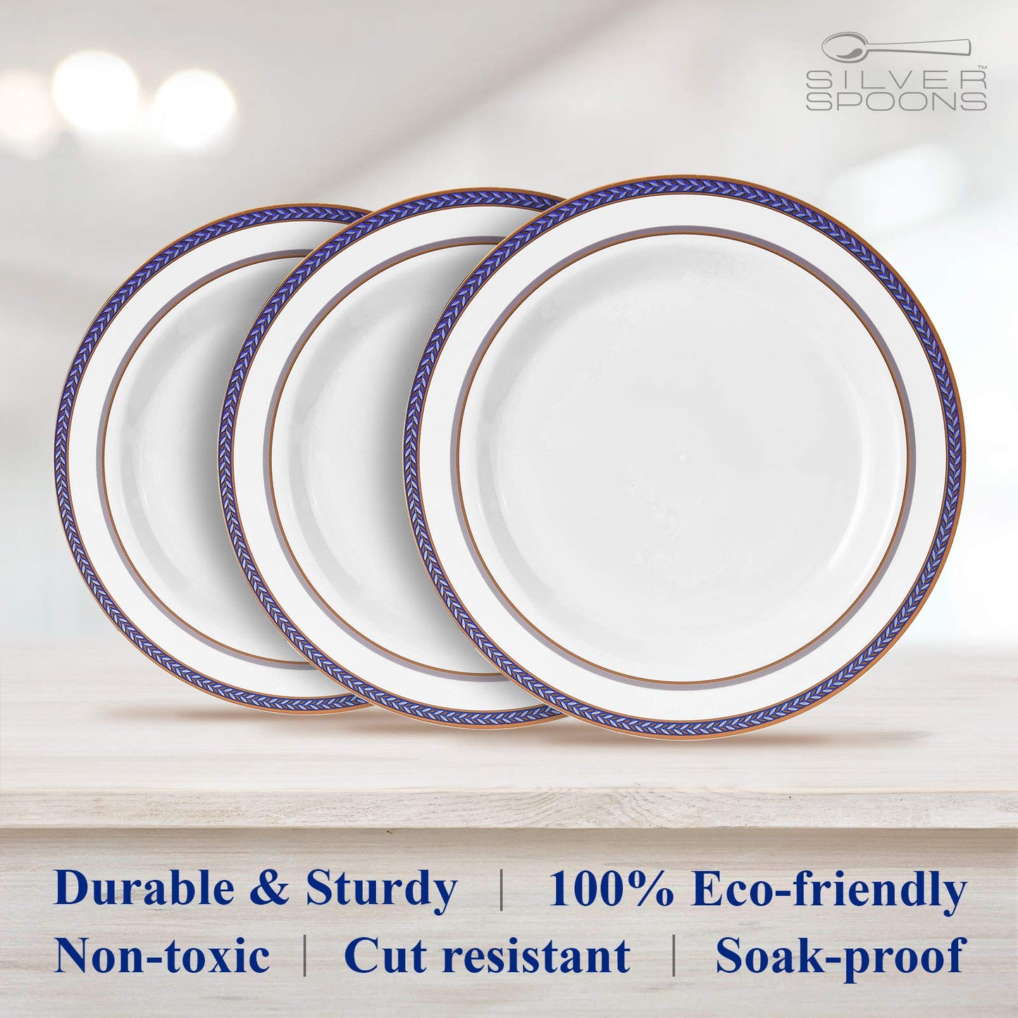 SILVER SPOONS DISPOSABLE SALAD PLATES | 20 pc | Heavy Duty Plastic Dishes | Elegant Fine China Look | Renaissance - Royal Blue (9”)