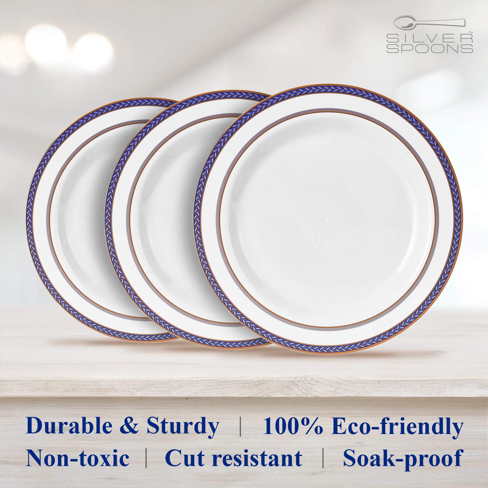 SILVER SPOONS DISPOSABLE SALAD PLATES | 20 pc | Heavy Duty Plastic Dishes | Elegant Fine China Look | Renaissance - Royal Blue (9”)