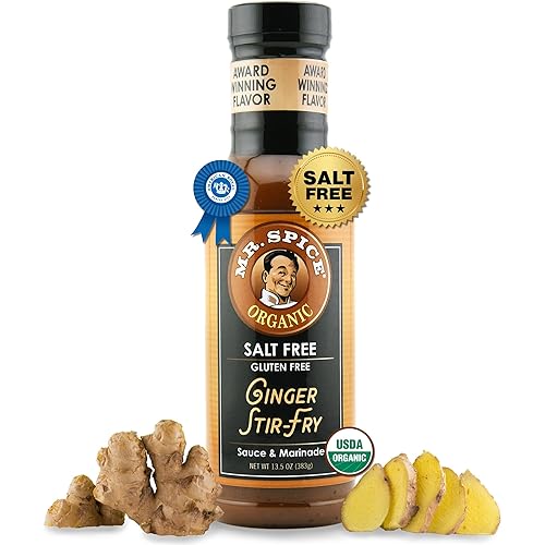 Mr. Spice Organic Ginger Stir Fry Sauce, Salt Free Stir Fry Sauce (0 mg/serving), Gluten Free, Low Sodium Sauces for Marinade, Wok & Air Fryer, No