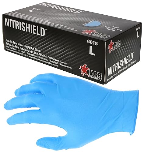 MCR Safety 6015XL NitriShield Nitrile Industrial Grade Powder Free Disposable Gloves with Rolled Cuff, Blue, X-Large, 4-Mil, 1-Pair (Pack of 100)
