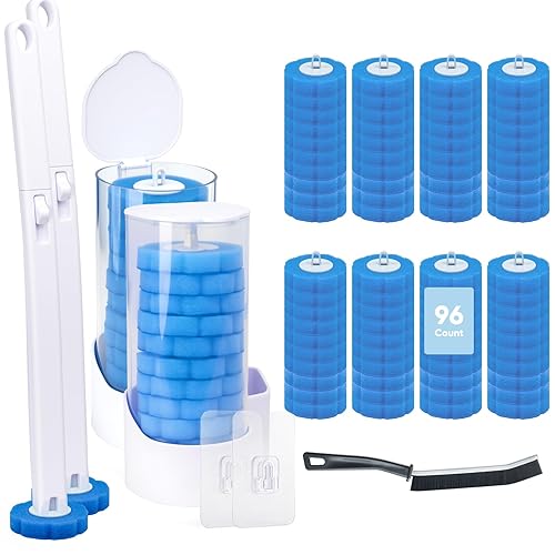 2 Pack Disposable Toilet Brush and Holder Set, Wall Mounted Toilte Wand Kit, Disposable Bowl Ceaner Wand and Caddy with 96 Refills for Closestool