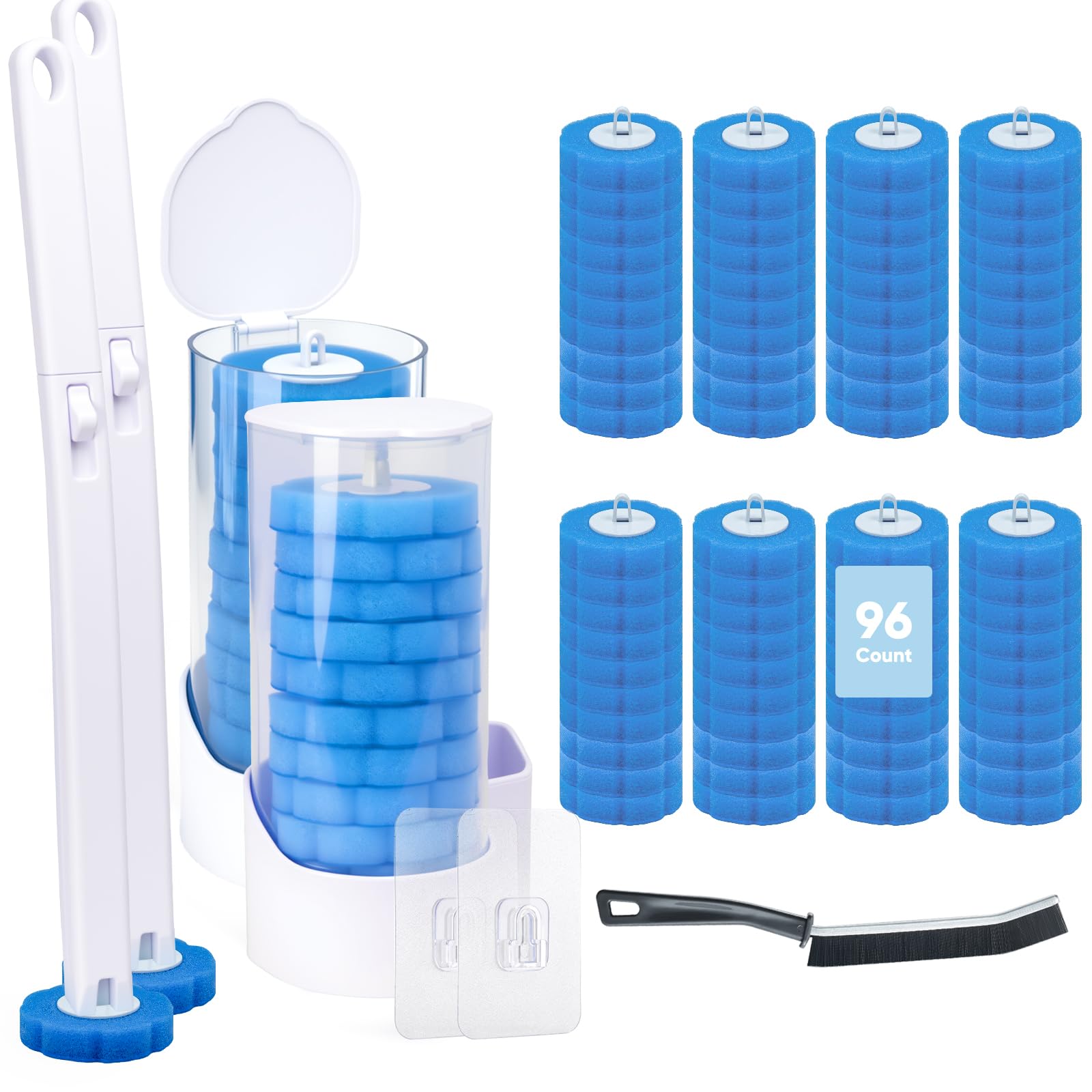 2 Pack Disposable Toilet Brush and Holder Set, Wall Mounted Toilte Wand Kit, Disposable Bowl Ceaner Wand and Caddy with 96 Refills for Closestool