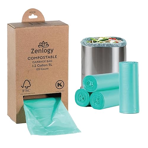 Zenlogy Compostable 1.2 Gallon Garbage Bag, Eco Friendly Small Trash Bags, Mini Biodegradable Waste Basket Bin Liners for Bathroom & Office, 125 Count