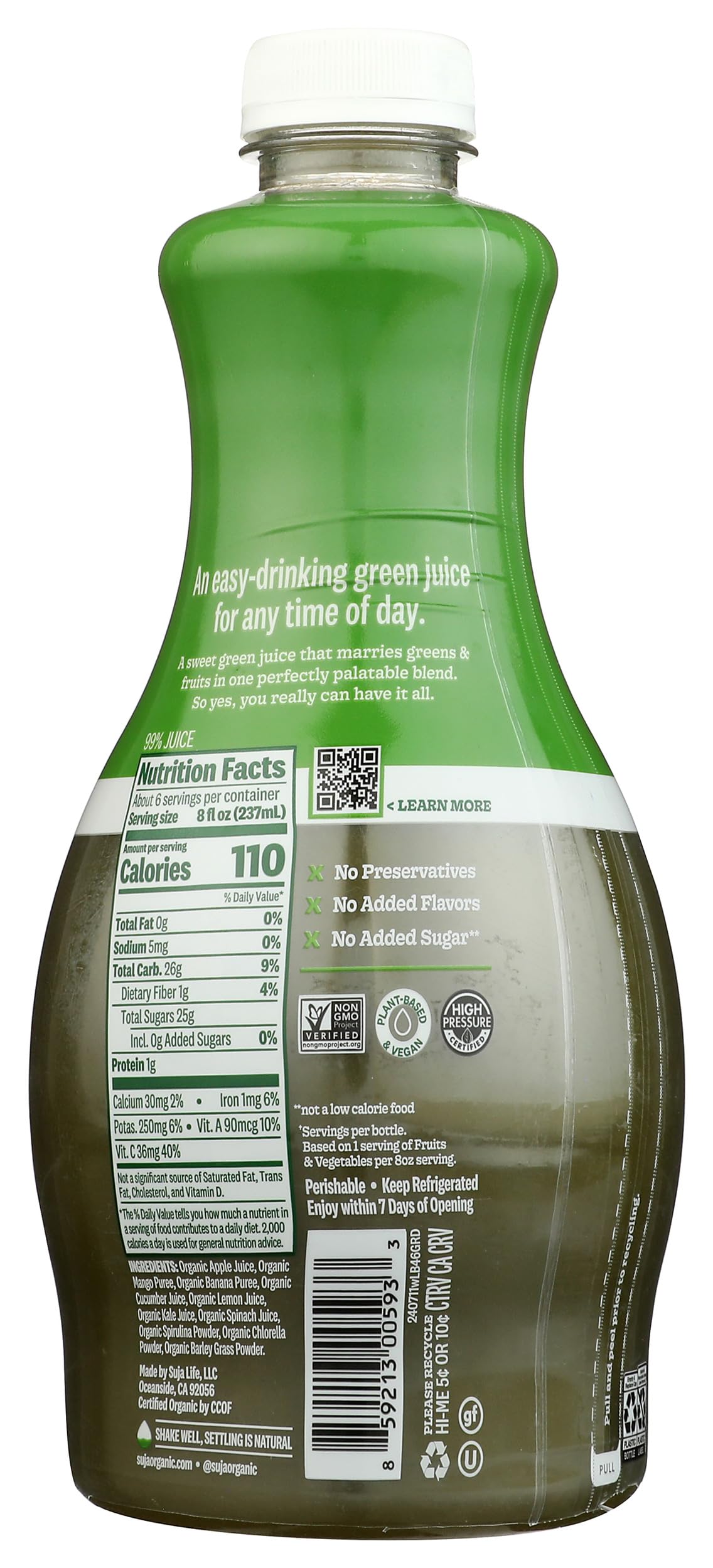 Suja Organic Green Delight Cold Pressed Juice Drink, With Spirulina, Chlorella, and Barley Grass Powders, 46 fl oz Bottle