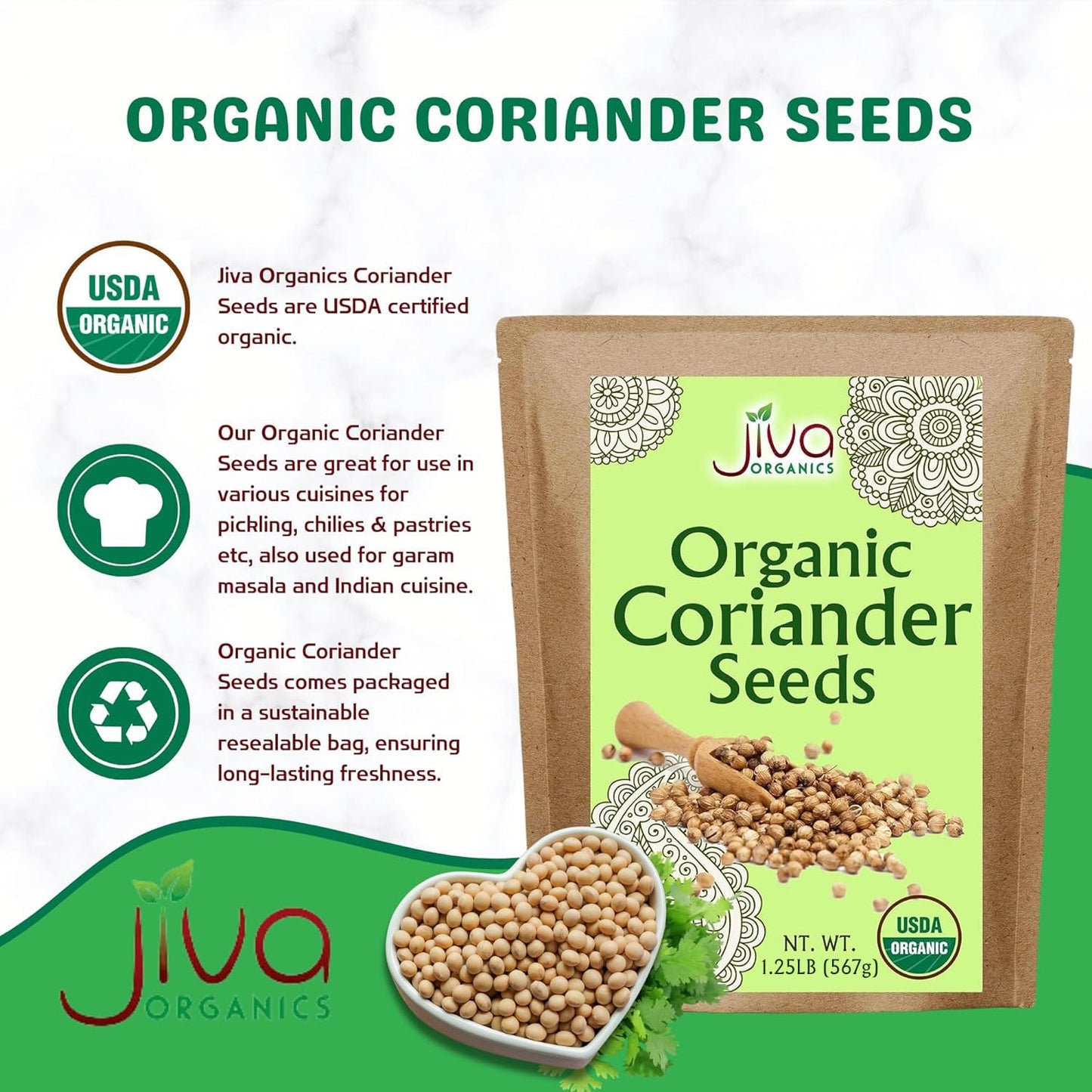 Jiva Organics Organic Coriander Seeds Whole 1.25 Pound Bulk Bag - Non-GMO