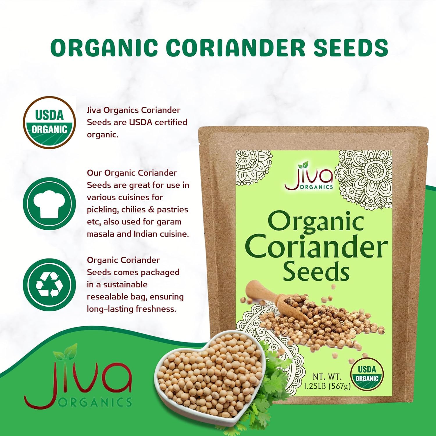 Jiva Organics Organic Coriander Seeds Whole 1.25 Pound Bulk Bag - Non-GMO