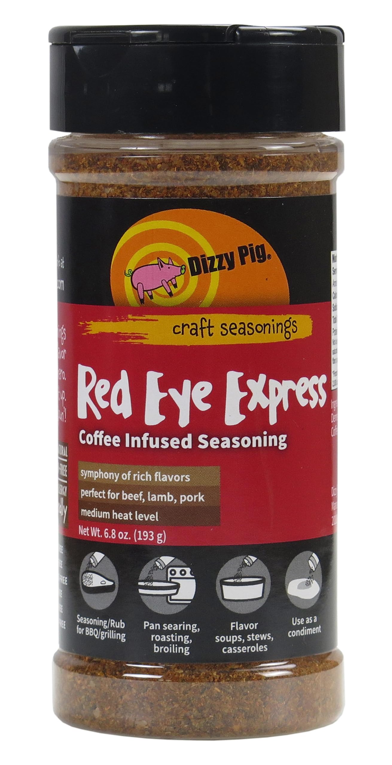 Dizzy Pig Red Eye Express Coffee-Infused Seasoning Rub (8oz Shaker) - Seasons 30+lbs of Food - Hand Made in the USA - MSG Free, Gluten Free