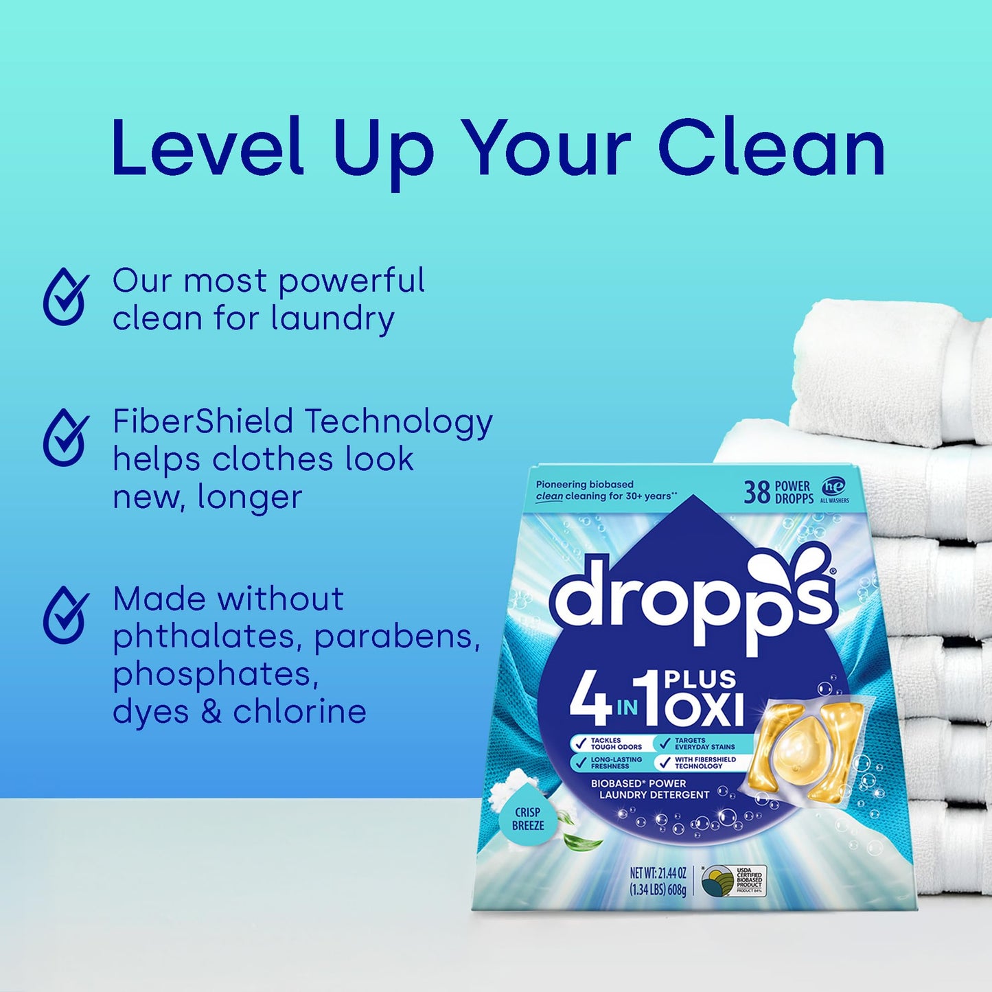 Dropps 4-in-1 Plus Oxi Laundry Detergent Pods, Crisp Breeze (38 Count) - Laundry Pods | Advanced Odor Defense | Fights Stains | Whitens & Brightens |