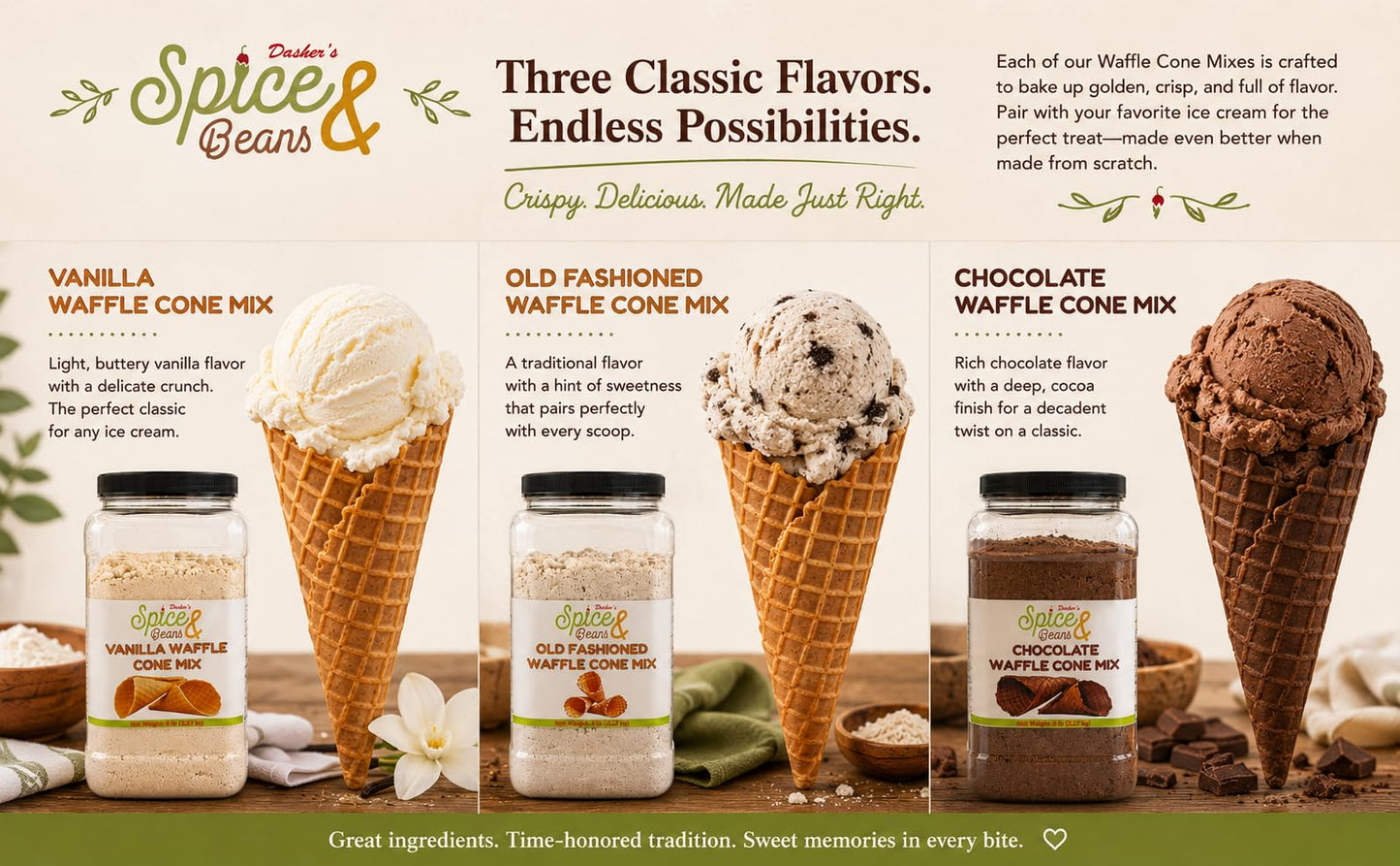 Chocolate Waffle Cone Mix | Homemade Waffle Cones, Waffle Bowls & Dessert Shells | Easy Just-Add-Water Recipe | 5 lb Bulk Container | Dasher’s Spice & Beans