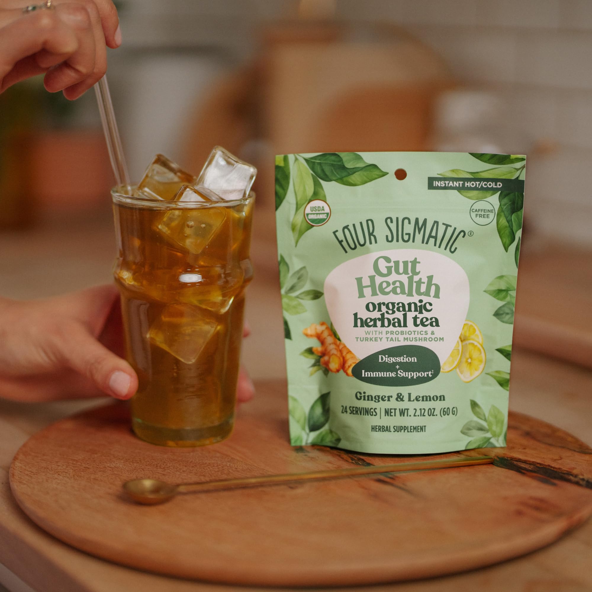 Four Sigmatic Gut Health Organic Herbal Tea | Organic Lemon Ginger Tea with Probiotics & Turkey Tail Mushroom | Instant Digestive Tea | Vegan