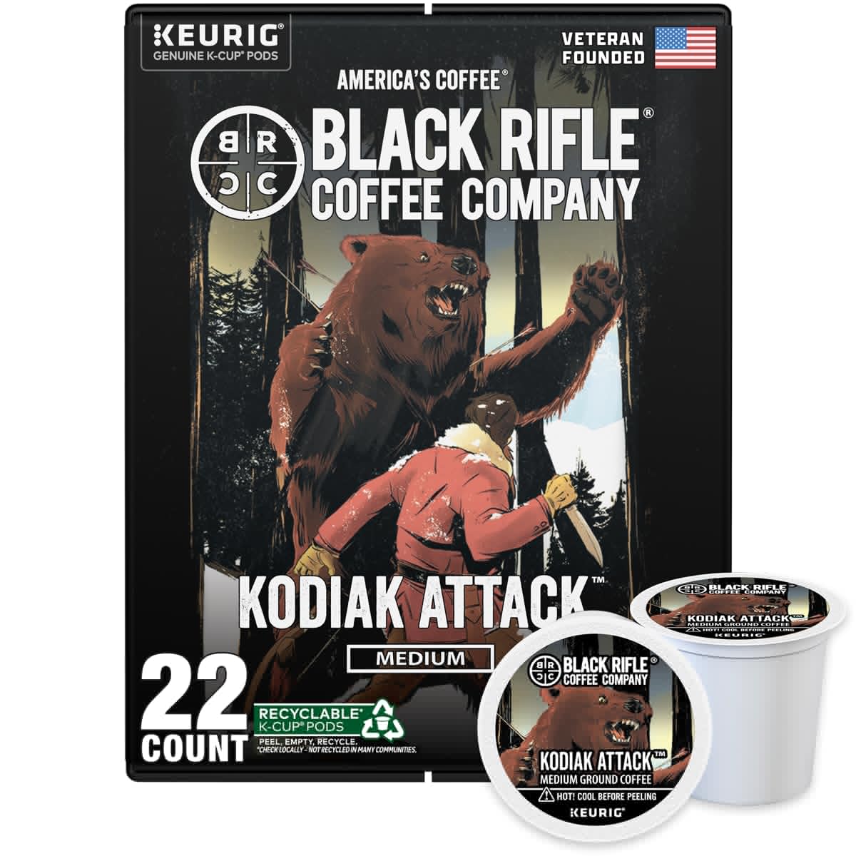 Black Rifle Coffee Company Kodiak Attack Medium Roast K-Cups 22ct Coffee Pods - Veteran-Founded, Bold & Robust Flavor, Compatible with Keurig