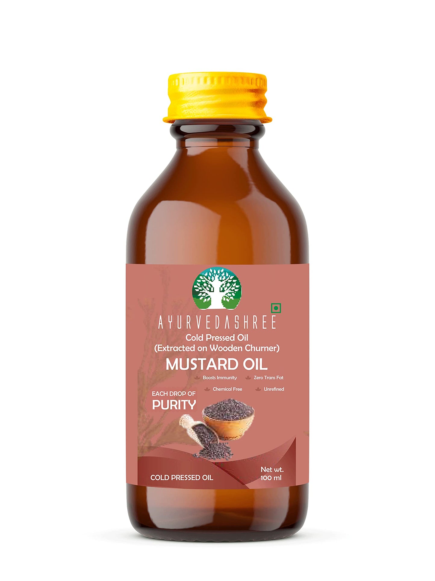 AYURVEDASHREE Mustard Oil 3.38 fl oz.. Cold Pressed Oil, Extracted on Wooden Churnerto Sustain maximum nutrition, 100% Pure & Natural, No GMO
