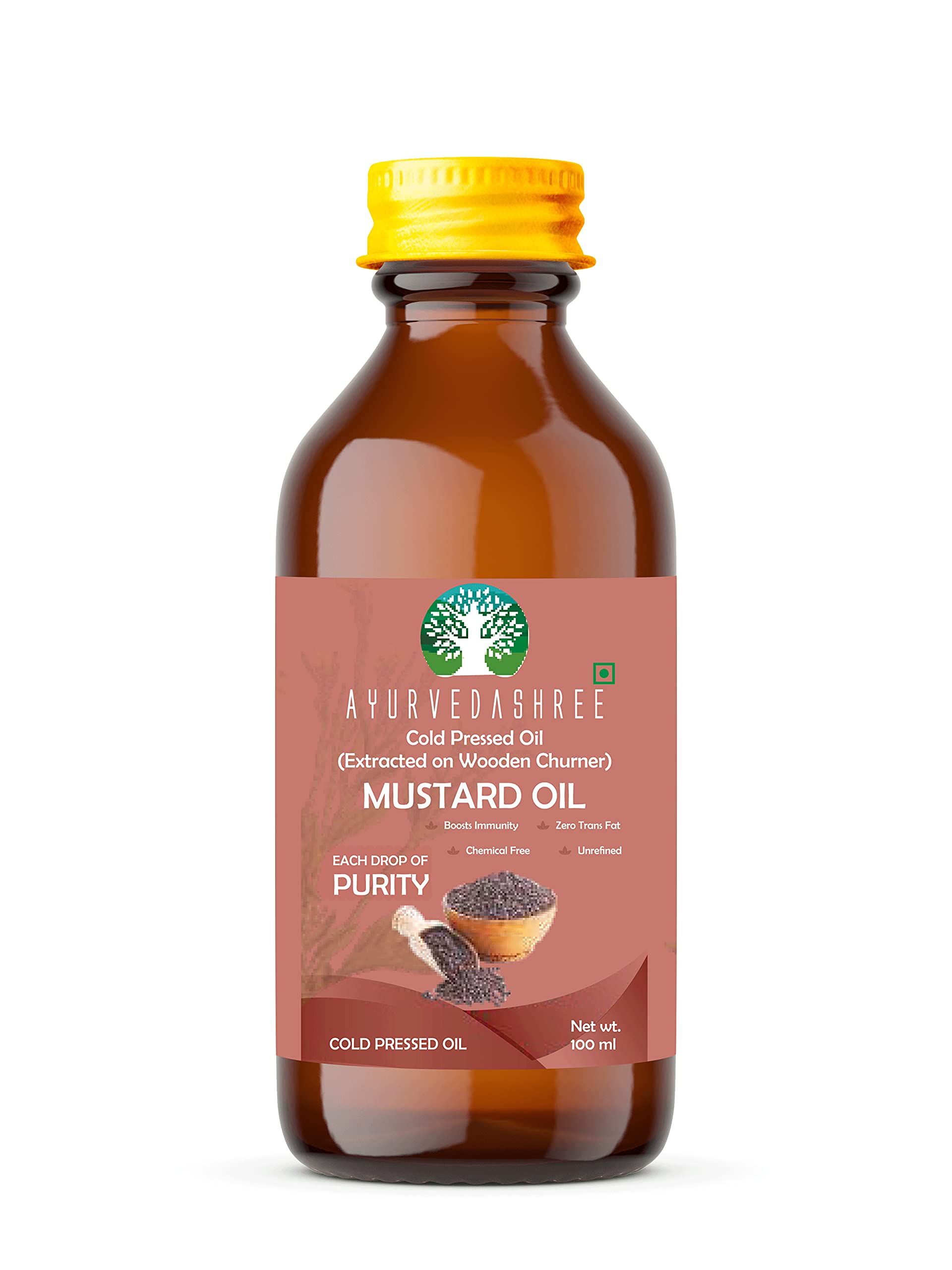 AYURVEDASHREE Mustard Oil 3.38 fl oz.. Cold Pressed Oil, Extracted on Wooden Churnerto Sustain maximum nutrition, 100% Pure & Natural, No GMO