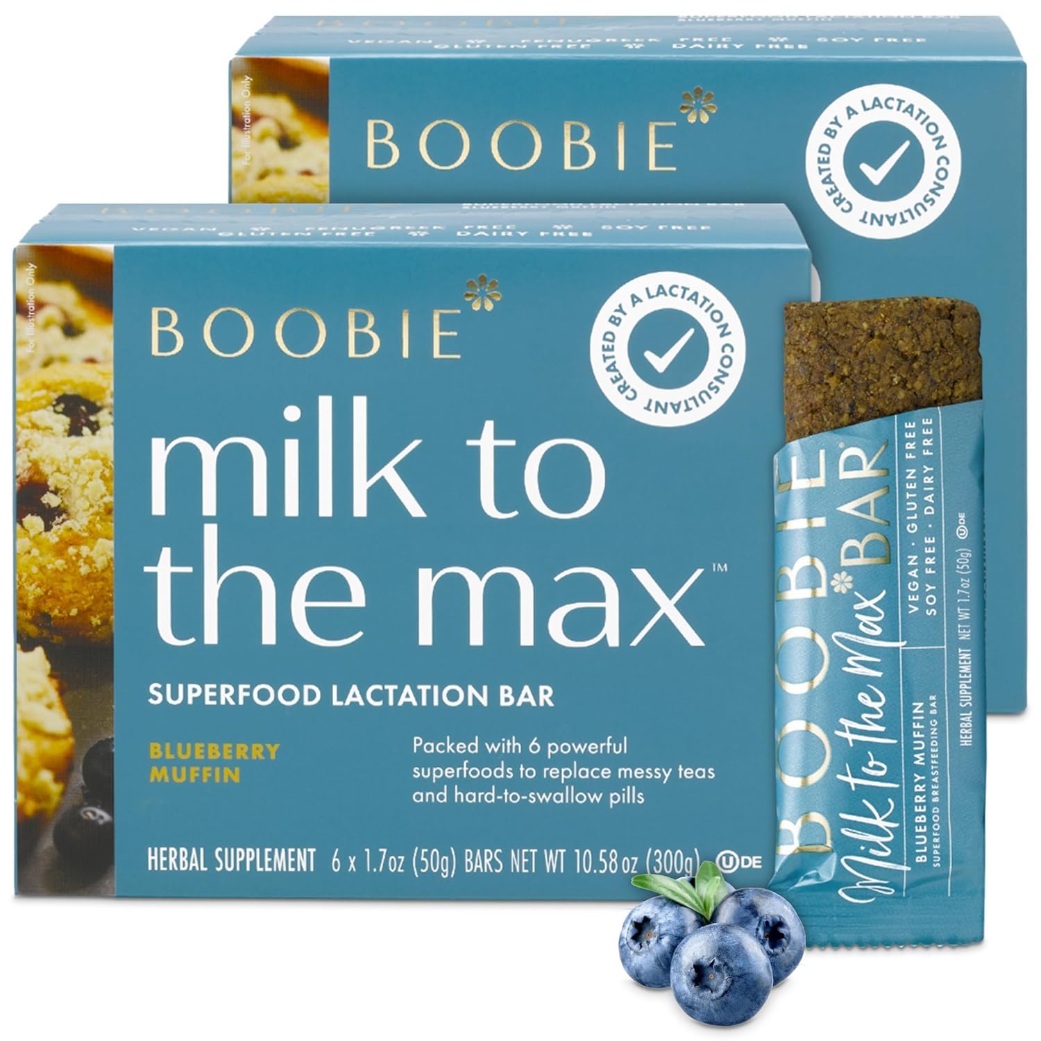 Boobie Bar Superfood Blueberry Muffin Lactation Bar for Breastfeeding Moms to Increase Milk Supply | #1 Selling Lactation Snack Bars | Vegan