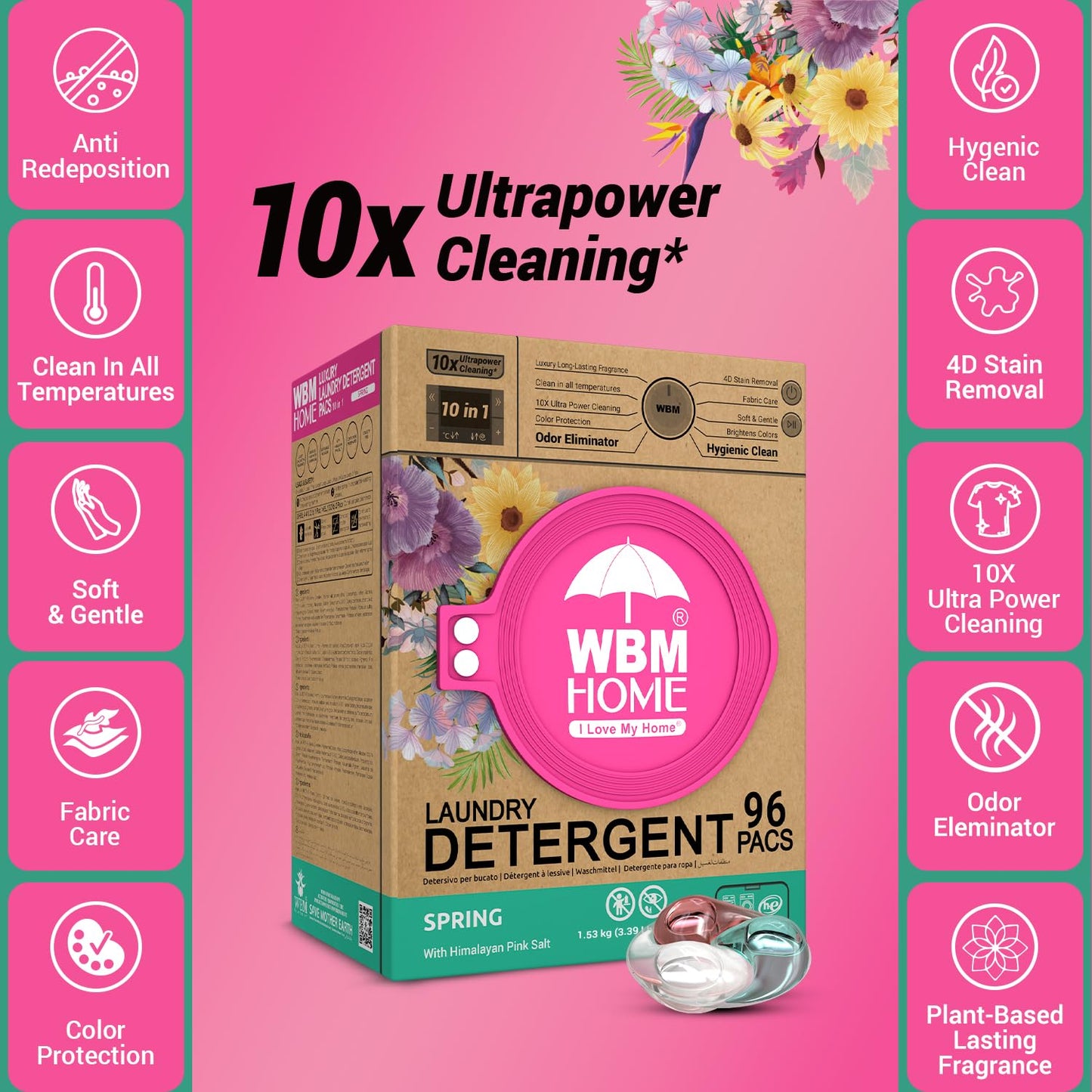 WBM Home Laundry Detergent Pods, Spring Fragrance Scent, 96 Count - HE Concentrated Laundry Pods With 10x Ultrapower Cleaning and 4D Laundry Stain