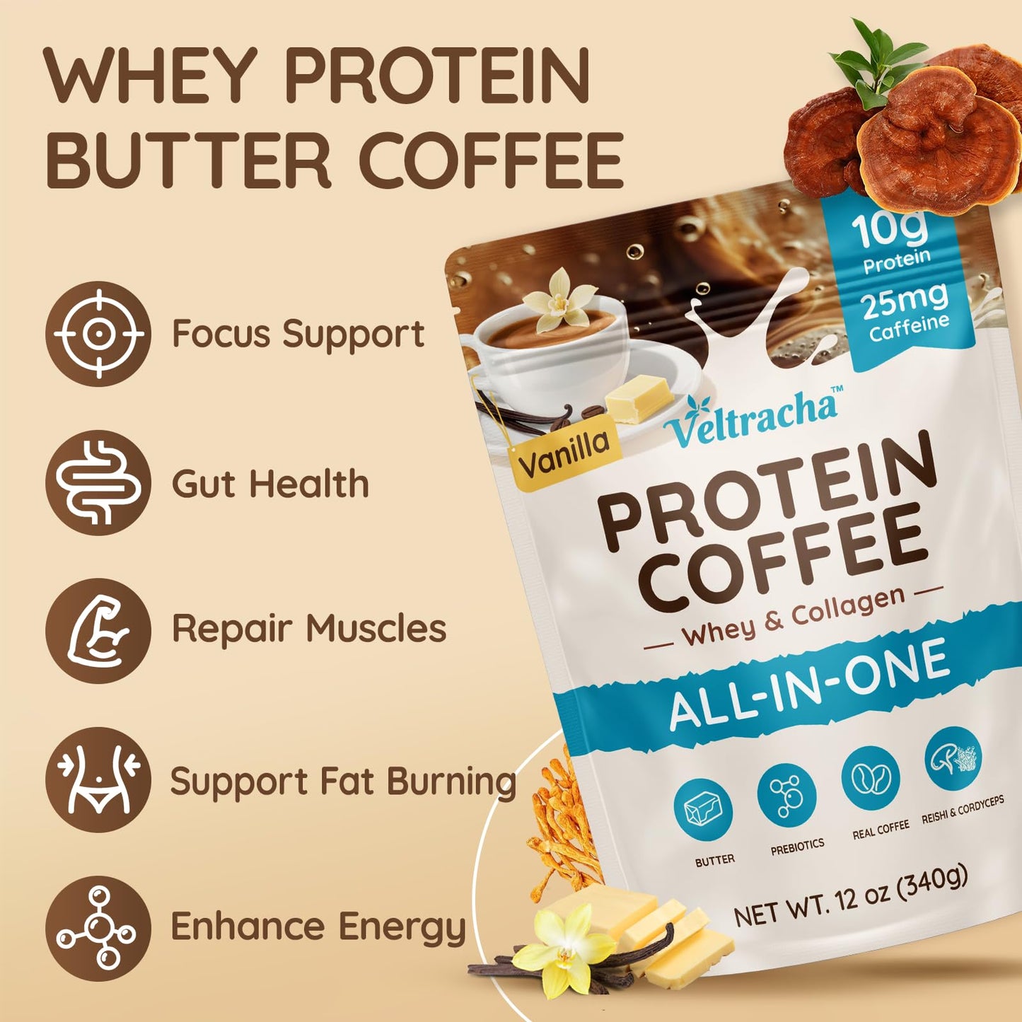 Veltracha Whey Protein Coffee, Collagen Protein Iced Coffee with Prebiotic Mushrooms & Butter, Natural Energy without Jitters - Decaf, No Artificial