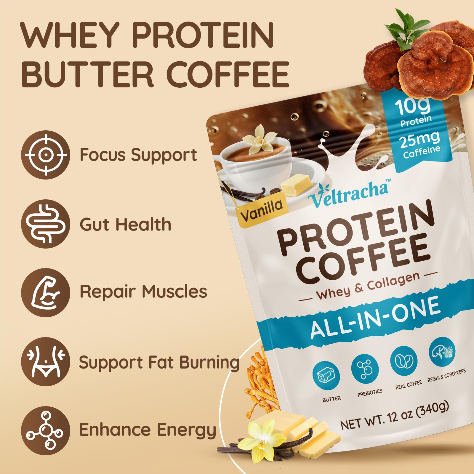 Veltracha Whey Protein Coffee, Collagen Protein Iced Coffee with Prebiotic Mushrooms & Butter, Natural Energy without Jitters - Decaf, No Artificial