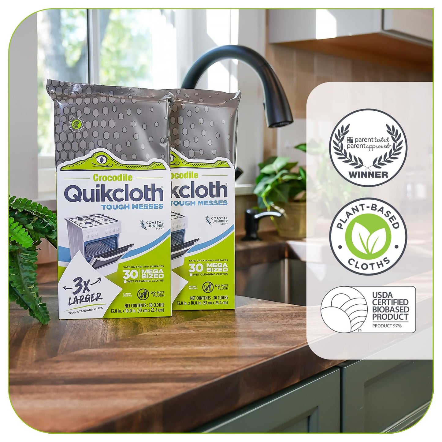 Quikcloth Tough Messes Cleaning Wipes, Plant-Based Multi-Surface Home & Kitchen Wipes, Plastic-Free, Gentle, Safe on Hands, 30 Count