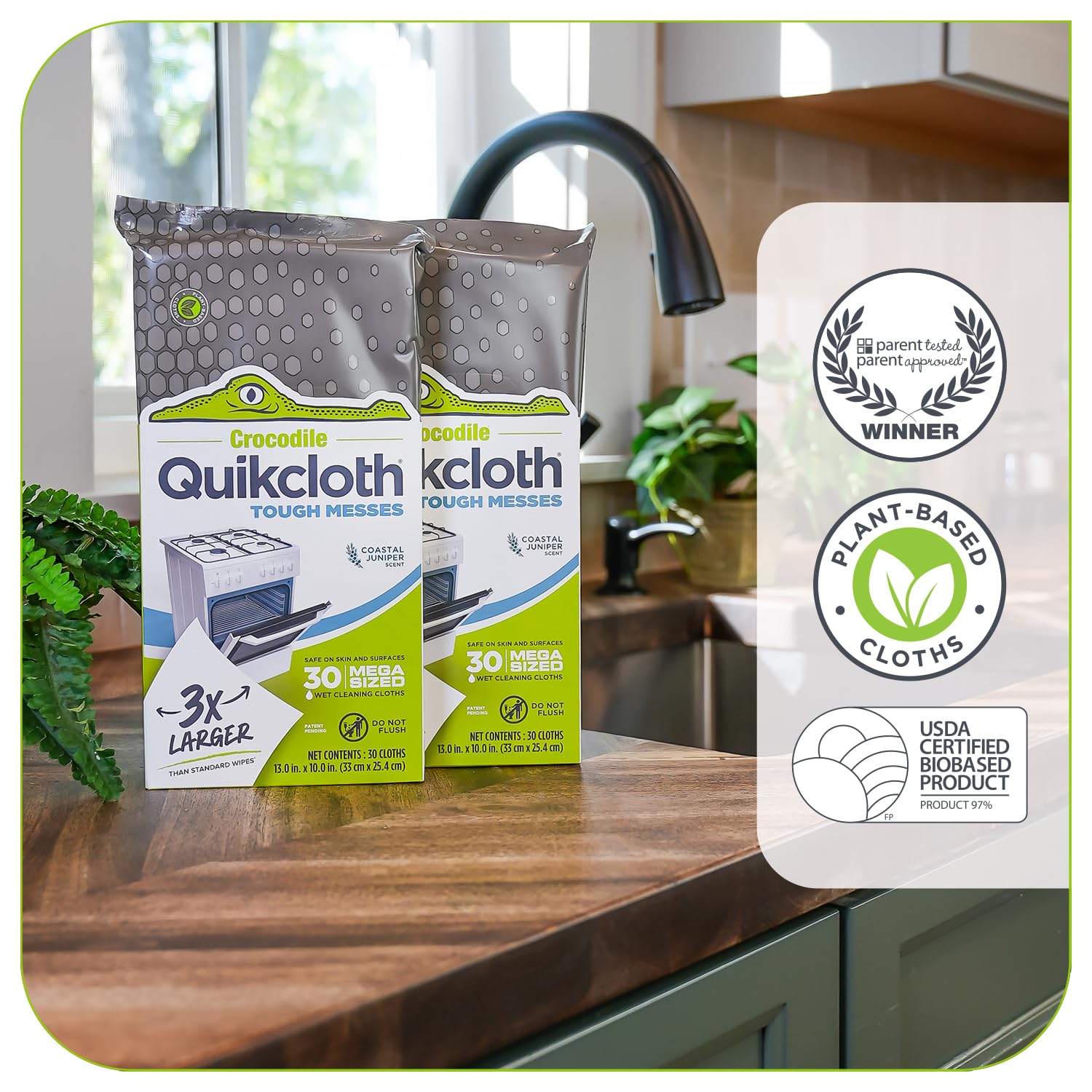 Quikcloth Tough Messes Cleaning Wipes, Plant-Based Multi-Surface Home & Kitchen Wipes, Plastic-Free, Gentle, Safe on Hands, 30 Count