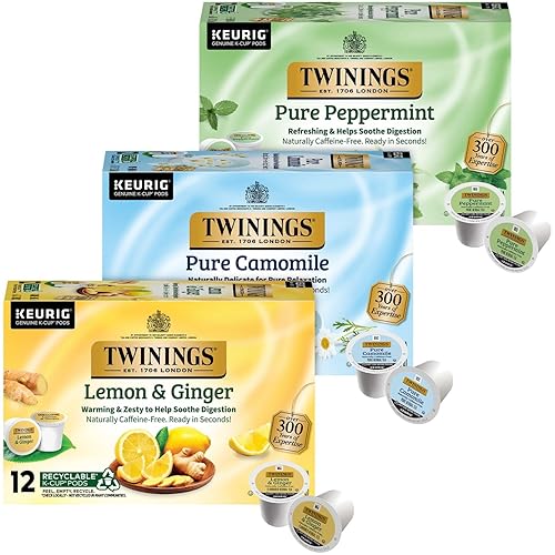 Twinings Herbal Tea K-Cup Pods for Keurig, Variety 3-Pack - Pure Peppermint, Pure Camomile + Lemon & Ginger Tea K-Cups, Naturally Caffeine-Free, 12