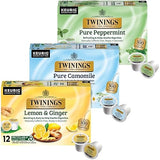 Twinings Herbal Tea K-Cup Pods for Keurig, Variety 3-Pack - Pure Peppermint, Pure Camomile + Lemon & Ginger Tea K-Cups, Naturally Caffeine-Free, 12
