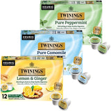 Twinings Herbal Tea K-Cup Pods for Keurig, Variety 3-Pack - Pure Peppermint, Pure Camomile + Lemon & Ginger Tea K-Cups, Naturally Caffeine-Free, 12