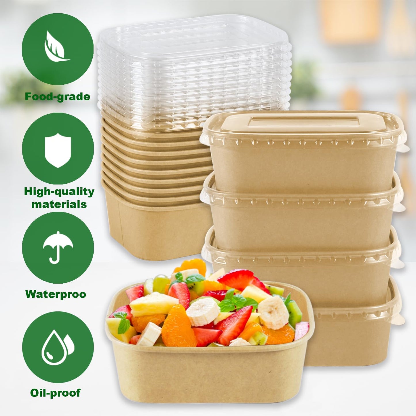 RAIHOMKIT 50Pack Paper Food Containers with Lids, 25oz Disposable Kraft Paper Bowls, Rectangular Cardboard Meal Prep Containers, Take Out Cardboard