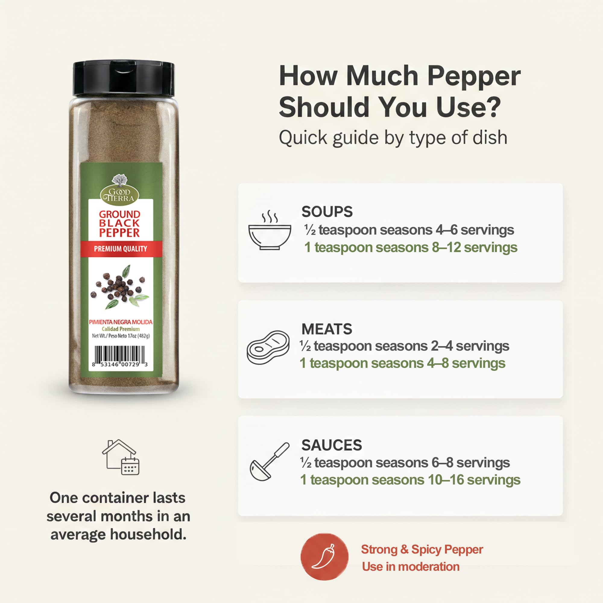 Good Tierra Black Pepper Ground 17 oz - Fine Ground Black Pepper Powder, Gluten Free Bulk Spice for Cooking, BBQ Seasoning, Italian Seasoning & Pantry