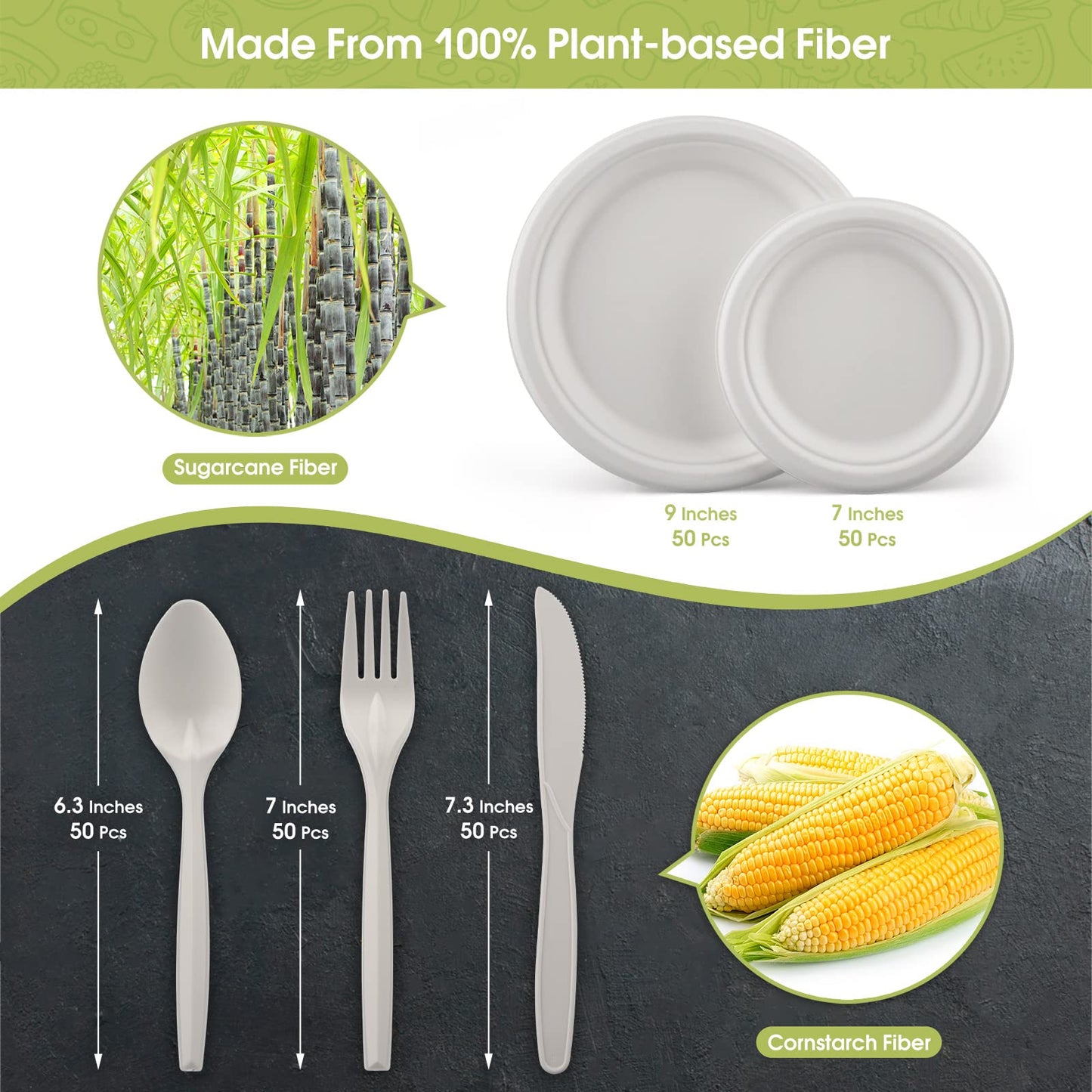 Fuyit 250Pcs Compostable Paper Plates with Cutlery Set, Disposable Biodegradable LONG Utensil Eco-Friendly Dinnerware Includes Plates, Fork, Knife
