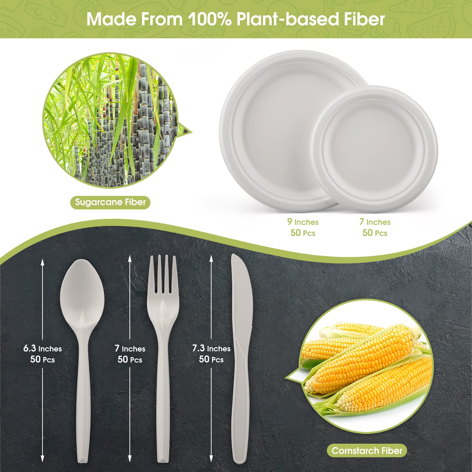 Fuyit 250Pcs Compostable Paper Plates with Cutlery Set, Disposable Biodegradable LONG Utensil Eco-Friendly Dinnerware Includes Plates, Fork, Knife