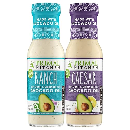 Primal Kitchen Ranch Dressing & Marinade and Caesar Dressing & Marinade, Made with Avocado Oil and Cage-Free Eggs, 8 Fluid Ounces, Variety Pack of 2