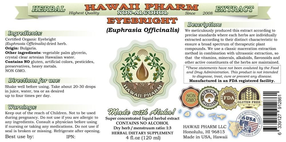 Hawaii Pharm Eyebright Alcohol-Free Liquid Extract, Eyebright (Euphrasia officinalis) Dried Herb Glycerite Natural Herbal Supplement 2 oz