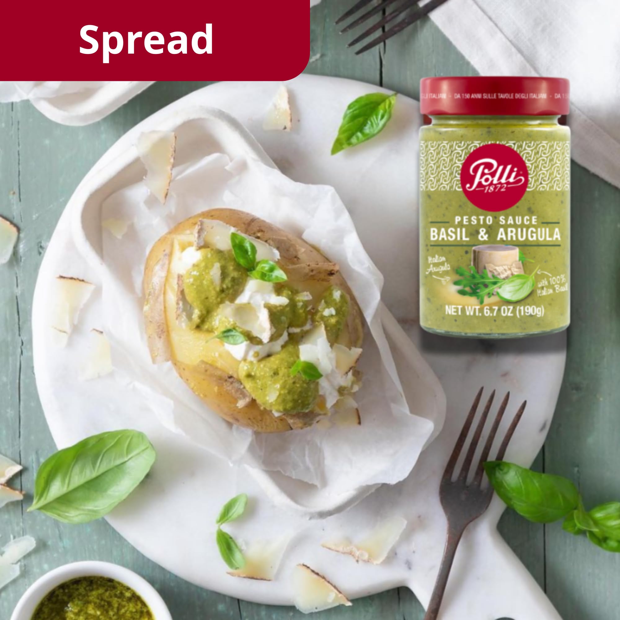 Polli Pesto Sauce Arugula & Basil - Italian Green Pesto with Basil, Parsley, Pecorino Romano DOP Cheese & Cashews - 2 Pack (6.7 oz Each)