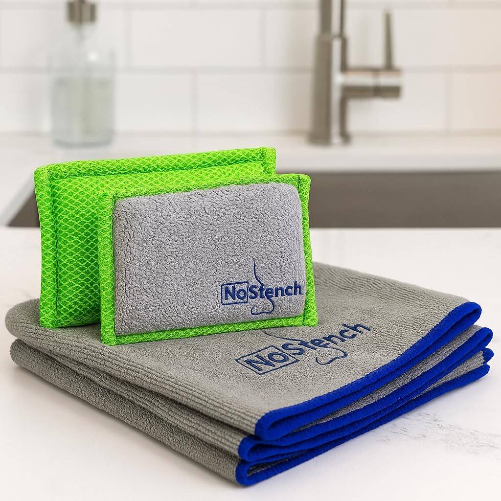 Kitchen Sponge | Odor Resistant, Non-Scratch Microfiber Mesh and Terry Cloth Sponge, No Odor, Long Lasting Odor Protection | Durable Odor Free