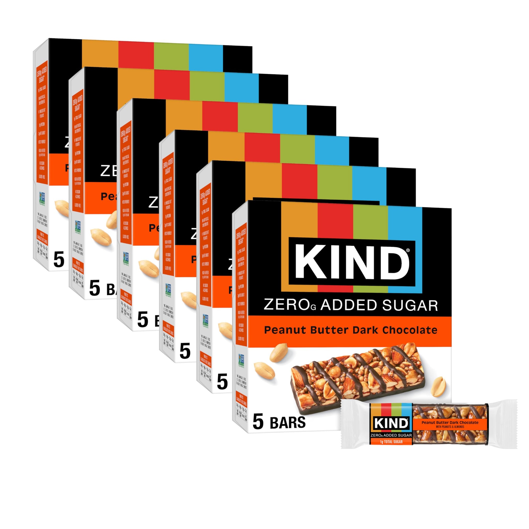 Kind Zero Added Sugar Healthy Snacks Bars, Peanut Butter Dark Chocolate, Gluten Free, High Fiber, Keto Snacks, 5g Protein, 30 Count