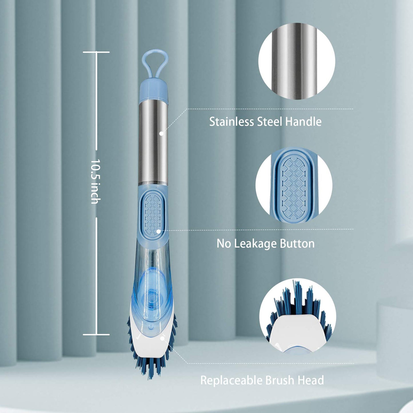 Neilgo 3-IN-1 Soap Dispensing Dish Brush Kitchen Scrub Brush Automatic Liquid Addition Brush Soap Control Dishwand Brush with Handle (Blue)