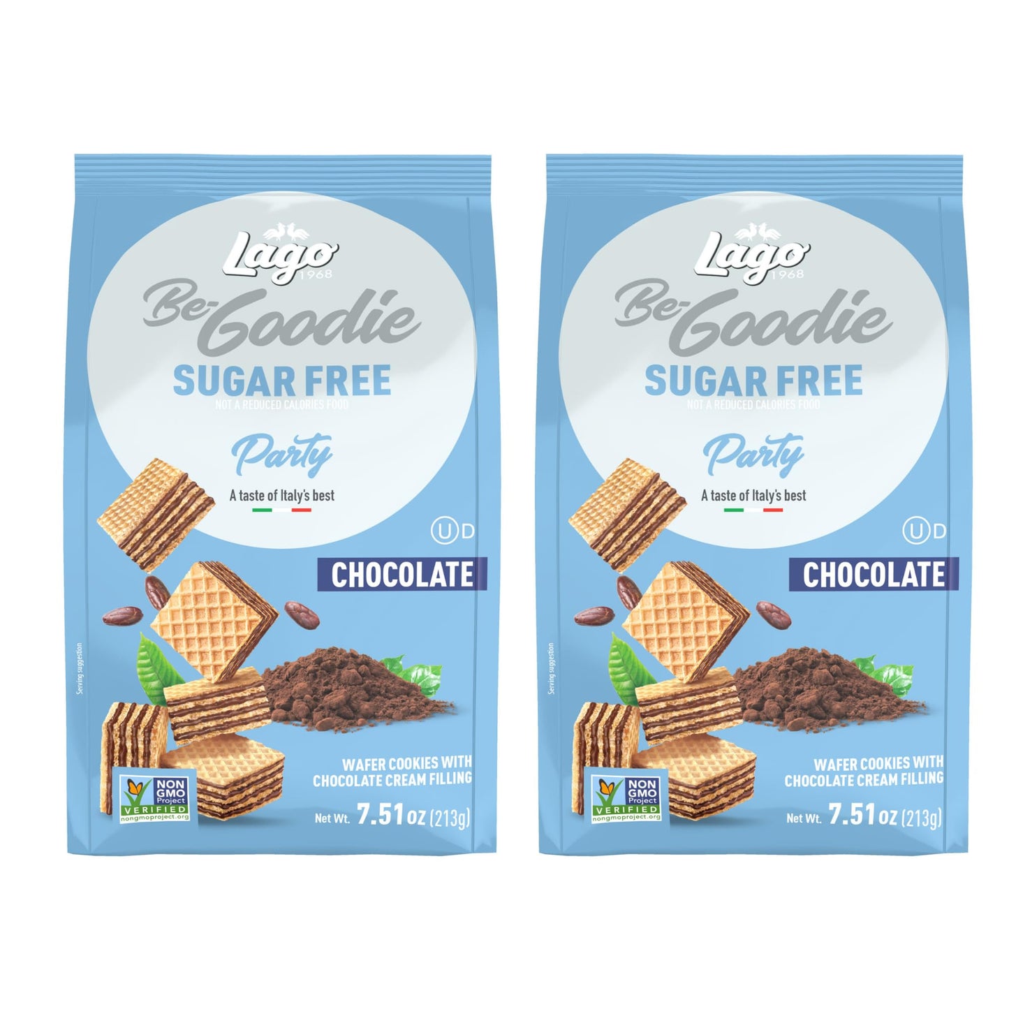 Gastone Lago Party Wafers Cookies, Chocolate Sugar Free - 7.5 oz Each (2-Pack) | Italian Crispy Wafer Cookies with Creamy Chocolate Filling