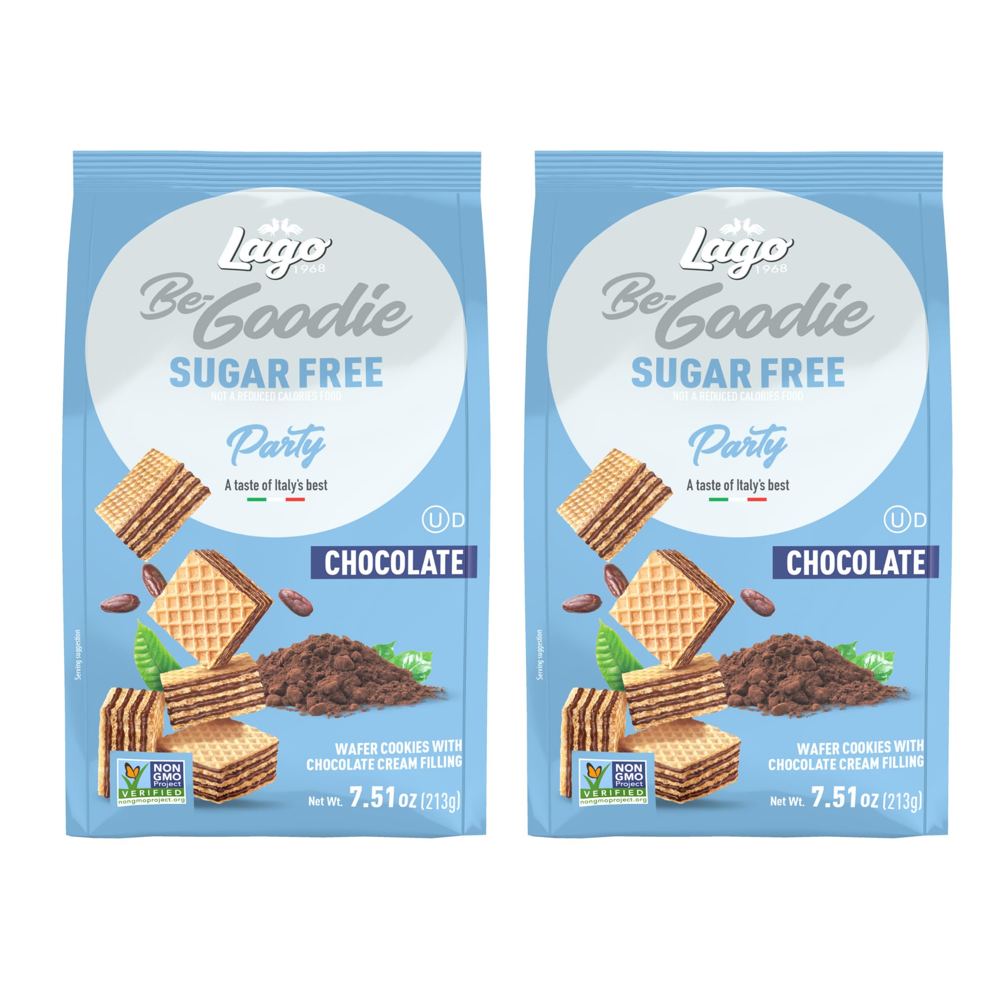 Gastone Lago Party Wafers Cookies, Chocolate Sugar Free - 7.5 oz Each (2-Pack) | Italian Crispy Wafer Cookies with Creamy Chocolate Filling
