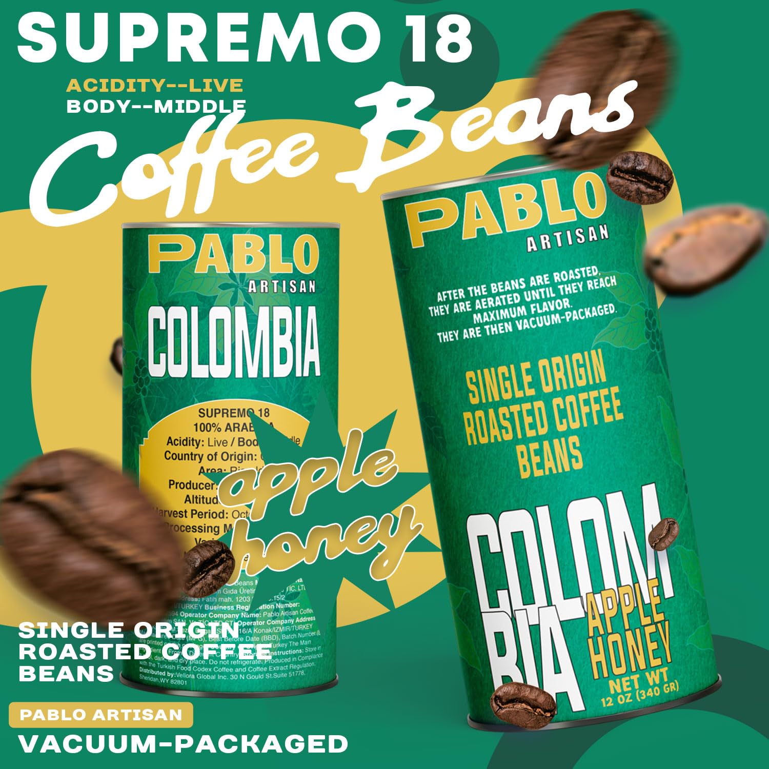 Pablo Artisan Colombia Supremo 18 Single Origin Coffee Beans - Medium Light Roast Whole Bean Coffee, 100% Arabica Colombian Espresso Beans, Washed