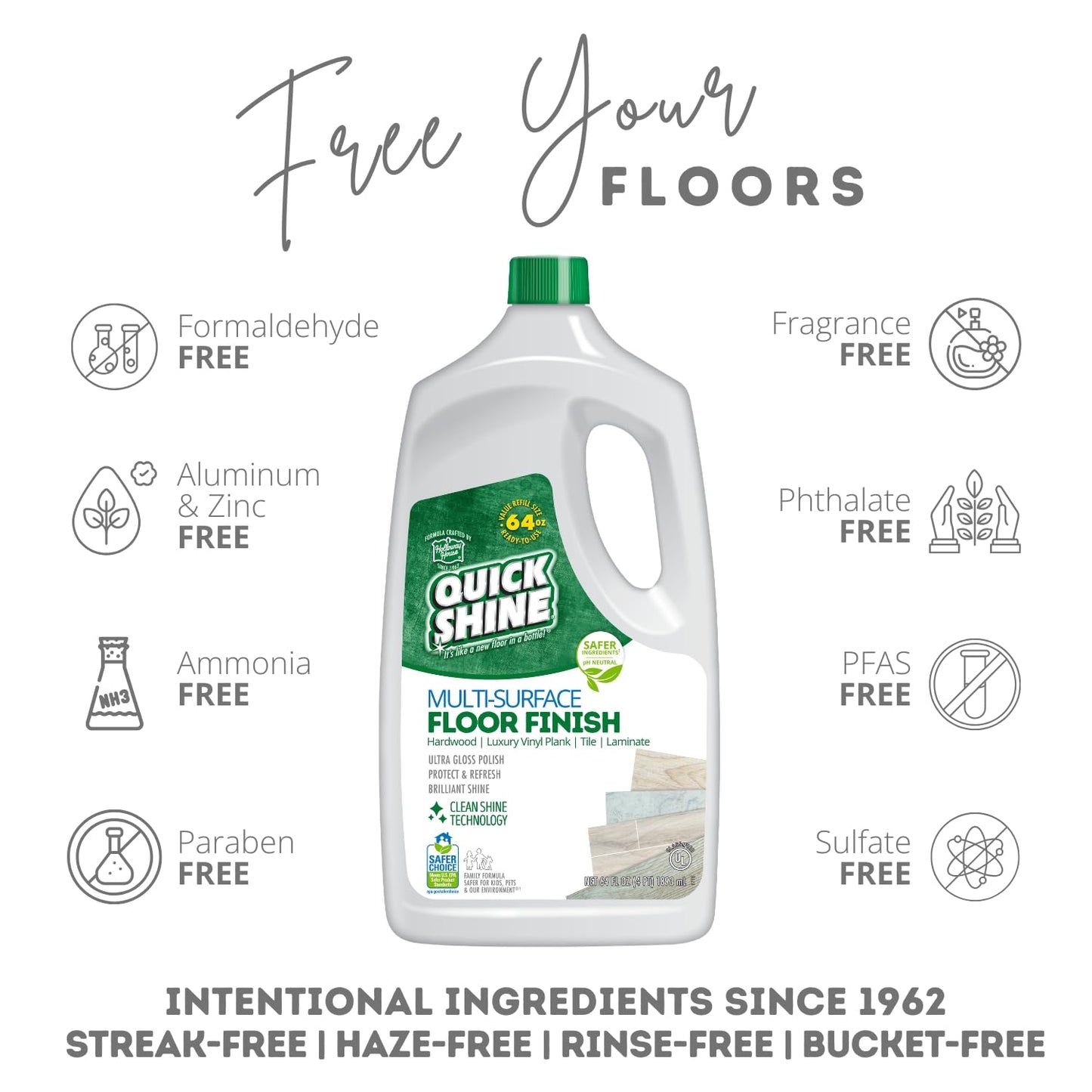 Quick Shine Multi Surface Floor Finish 64oz | Cleaner & Polish to use on Hardwood, Laminate, Luxury Vinyl Plank LVT, Tile & Stone | Safer Choice